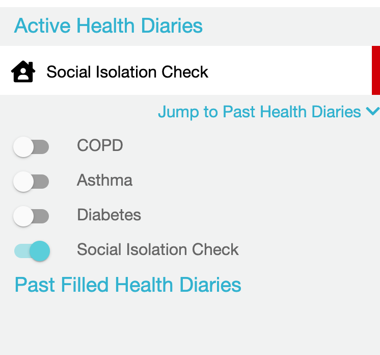 A screenshot of the health diary page to highlight the toggle